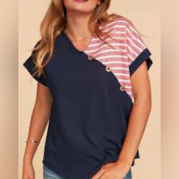 NWT Bloomchic Stripes Contrast Wrap Asymmetrical Top - Picture 1 of 9